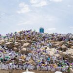 Pilgrims in white garments gather on Mount Arafat for the important Hajj ritual in Mecca, Saudi Arabia.