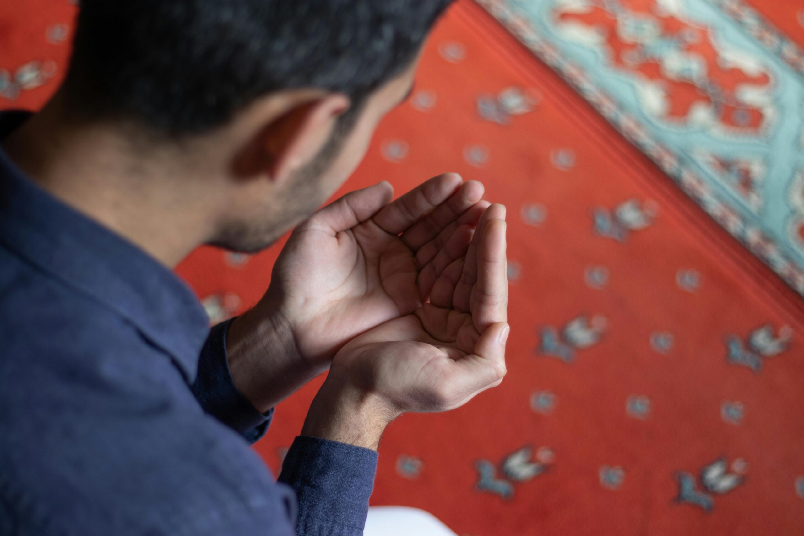 A young man holding his hands in prayer on a patterned mosque carpet, symbolizing devotion.