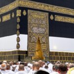 A gathering of pilgrims around the sacred Kaaba in Mecca, a significant Islamic site.